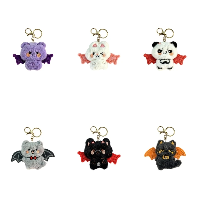 Split Rings Halloween Plush Keychain Set with 6 Bat-Wing Character Charms, Lobster Clasps, Ball Chains, and Hanging Strap X3UB