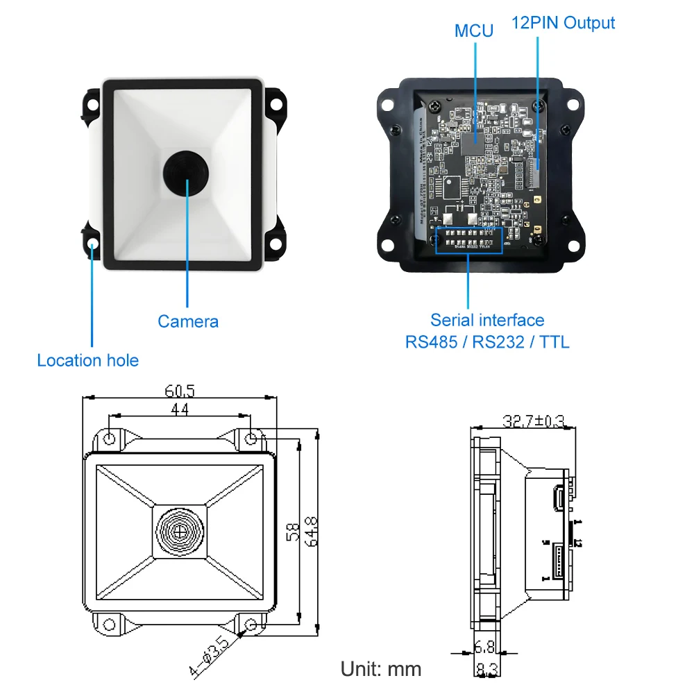 โมดูลเครื่องสแกนบาร์โค้ด Xincode Mini 2d สำหรับ Arduino แบบติดผนัง รองรับการสแกน QR บาร์โค้ด พร้อมพอร์ต RS232 TTL สำหรับตู้คีออสก์