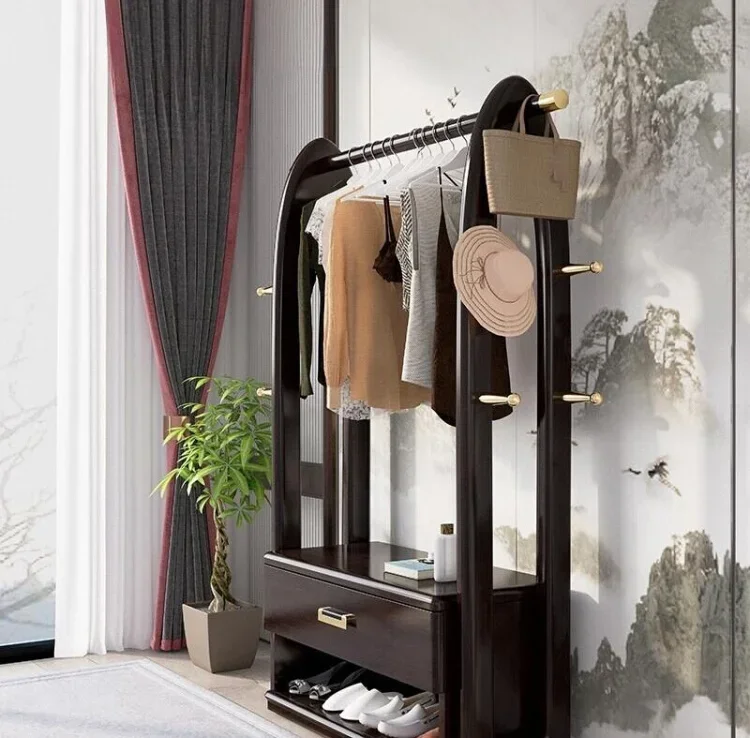 

New Chinese solid wood floor coat rack with shoe cabinet shoe rack integrated hanger modern Chinese household rack