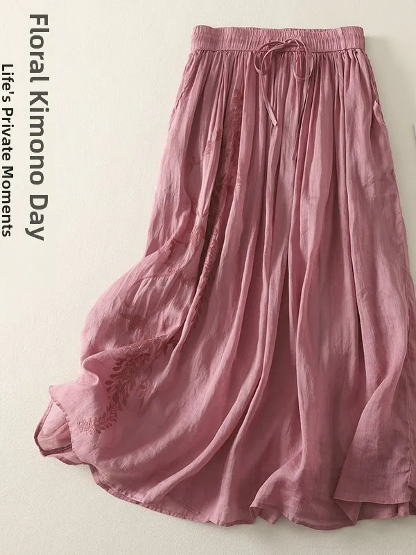 

New Chinese Sle Women's Mid-Length Skirt Embroidered Waist Loose Belted Slimming A-Line Summer Faion Elastic Waist