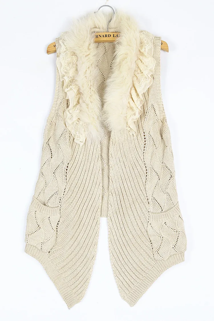 ヴィンテージニットフォックスファーカラーベストオープンカーディガンY2Kアビットラビットファーワンダーラストストリートスタイル厚みのある秋冬セーター