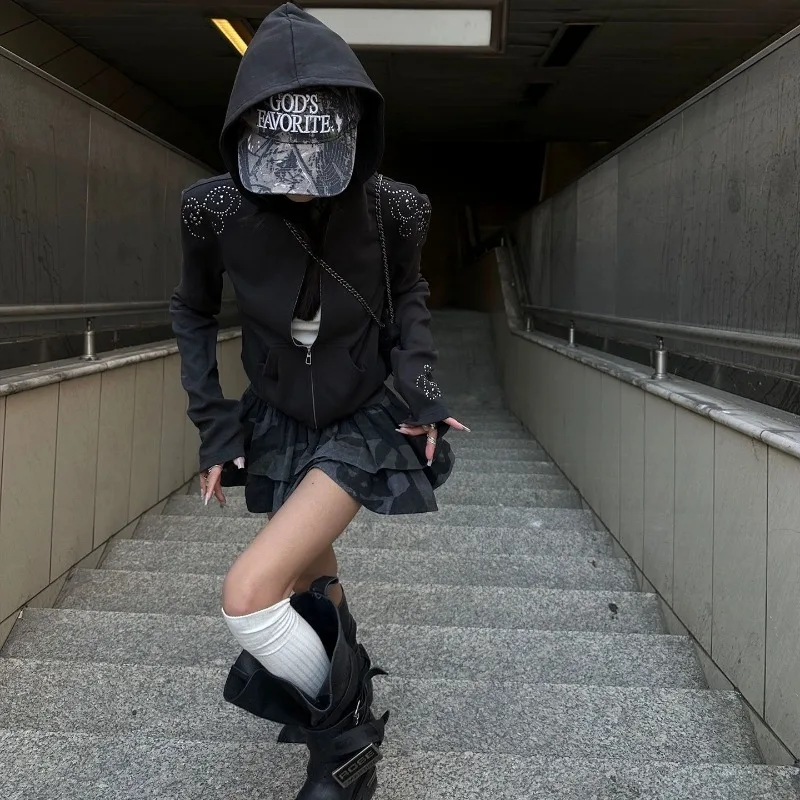 ديبتاون الأسود الجمالية حجر الراين المرأة هوديس الشرير Harajuku خمر سحاب أكمام طويلة بلوزات ضئيلة الجرونج الشارع الشهير #3