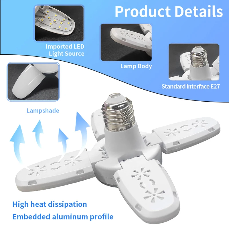 Luz LED de ahorro de energía para garaje, luz superbrillante para garaje, iluminación interior, luz plegable en forma de abanico para el hogar y la sala de estar