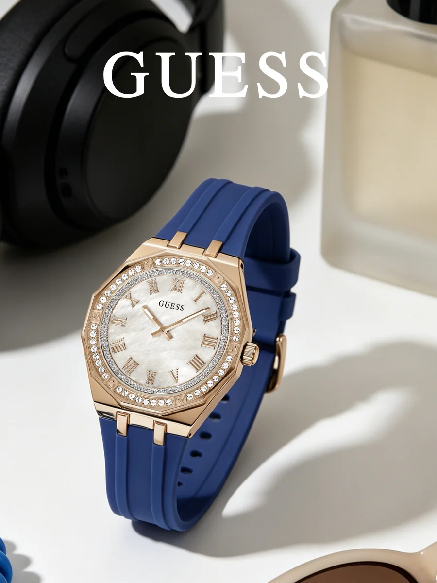 Guess Women’s Analog Watch, Rose Gold Crystal Bezel Mother Of Pearl Navy Silicone Strap GW0872L3
