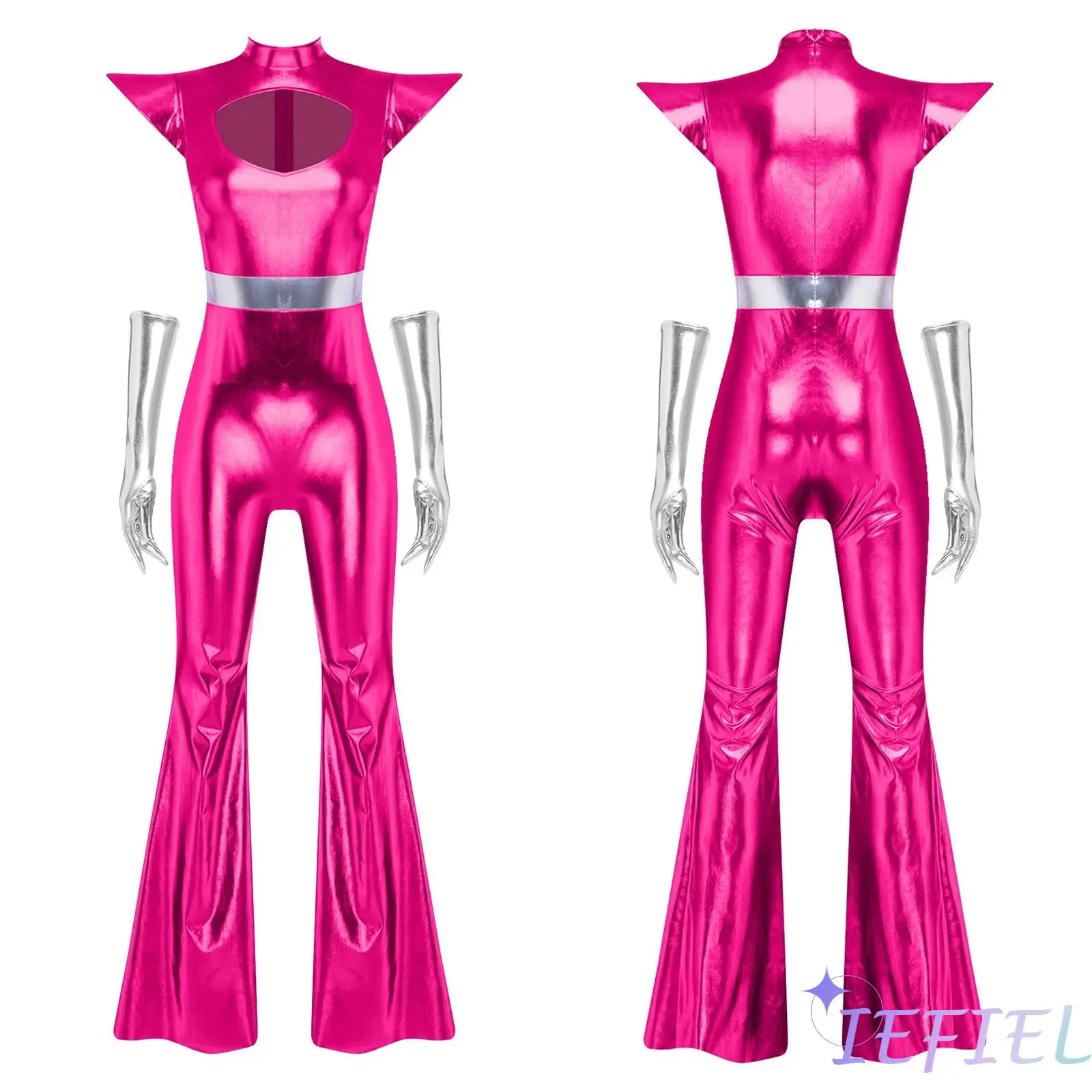 

Womens Space Astronauts Theme Party Costume Shiny Metallic Alien Jumpsuit Fly Sleeve Chest Cutout Bell Bottom with Gloves Set