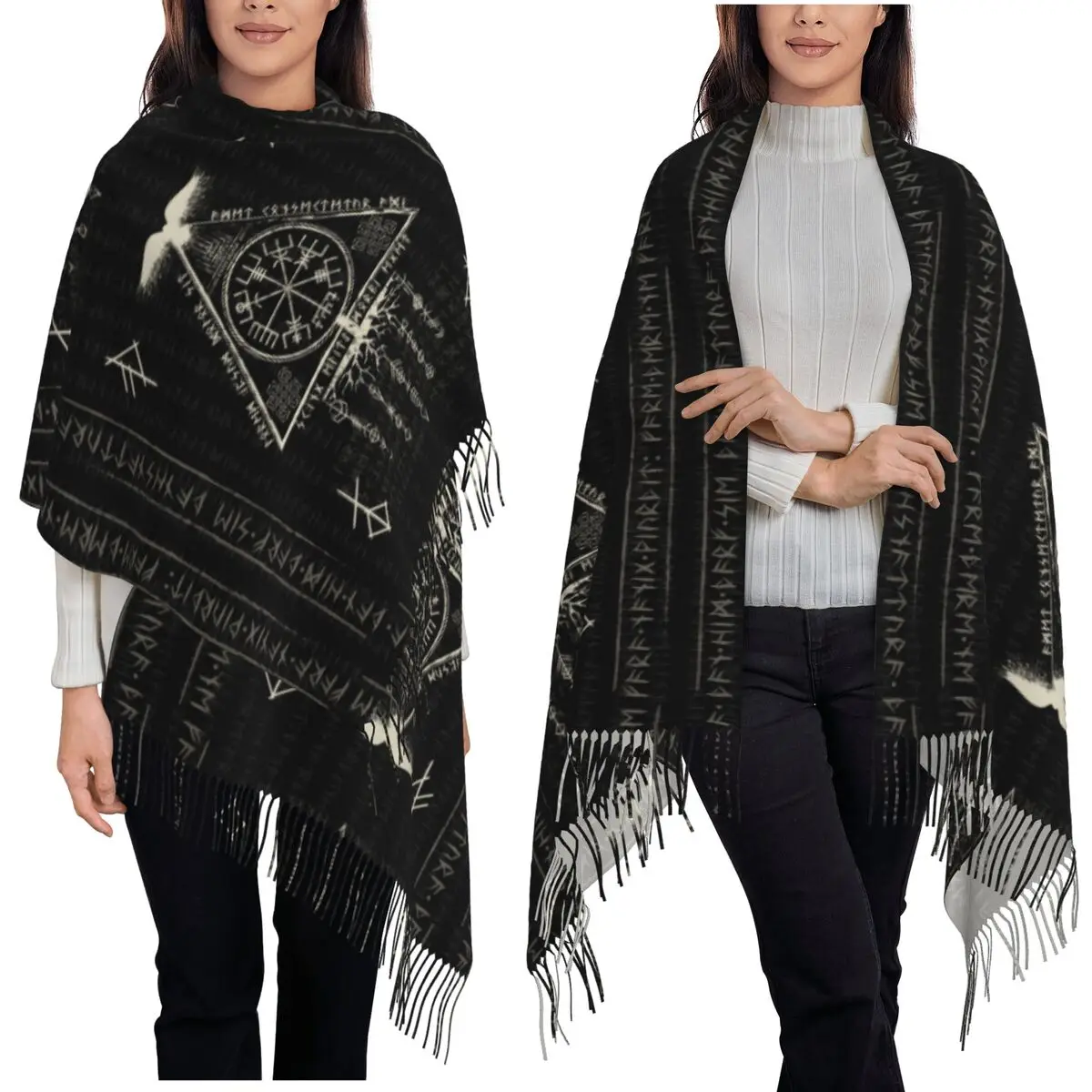 Viking Rune Triangle Design And Norse Symbols Scarf Tassel Scarves Women Soft Warm Shawls and Wraps Long Fall Winter Shawl Wrap