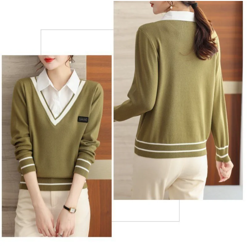 Maglione da donna con risvolto a maniche lunghe lavorato a maglia in due pezzi falso autunno nuovo stile camicia con colletto della camicia