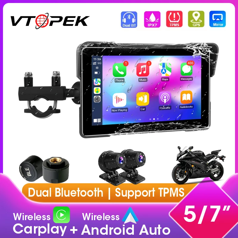 

Портативный 7-дюймовый мотоциклетный мультимедийный плеер, GPS-навигация, мото видеорегистратор, беспроводной CarPlay, Android, автоматический дисплей, двойной BT, мотомонитор TPMS