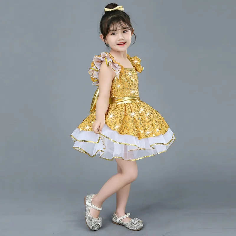 Golden Modern Sequin Dance Costume Girls Lyrical Contemporary Freestyle Yellow Dance Dress Girls Stage Wear Festival Celebration view 4