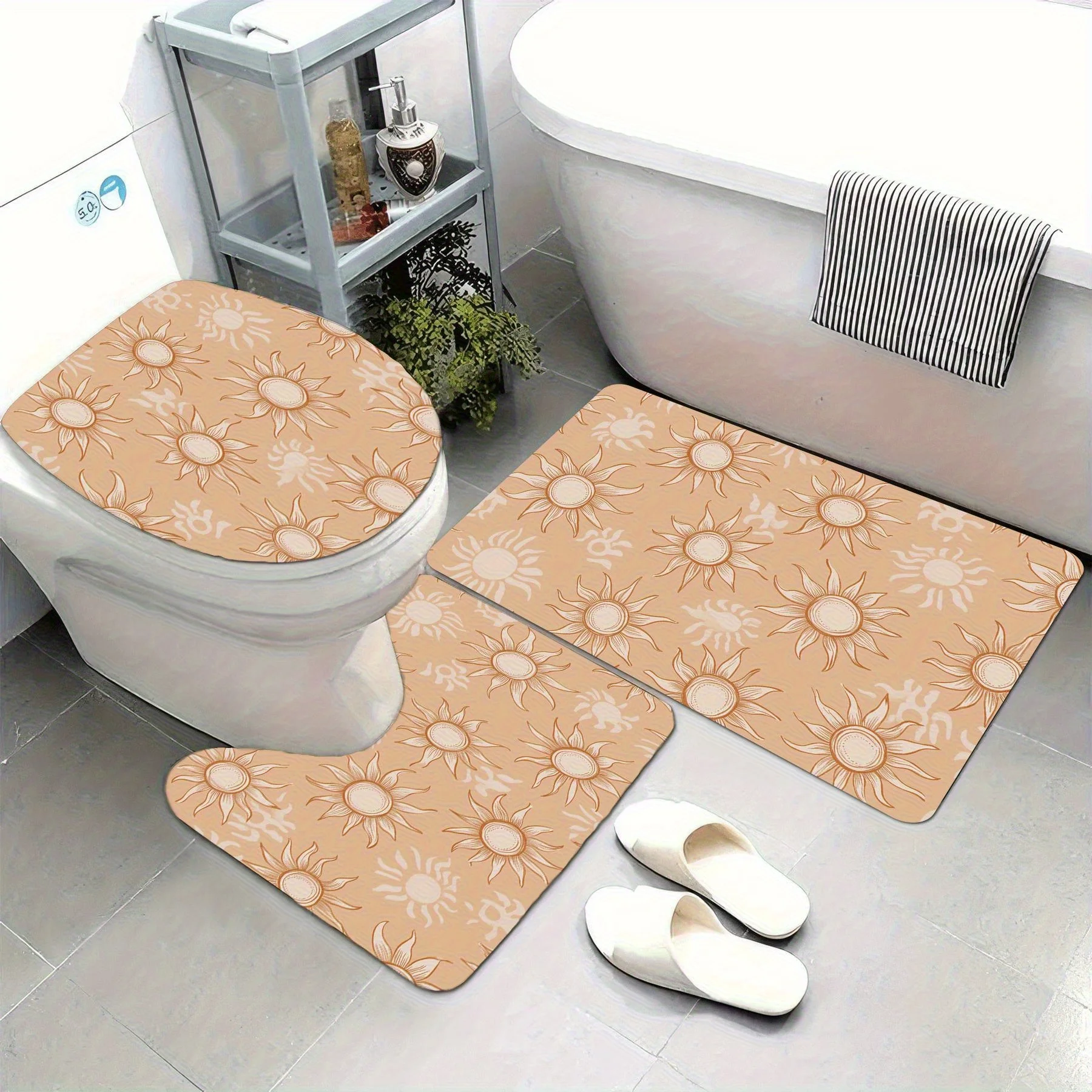 3pc Orange sun print bathroom set, U-shaped mat, non-slip mat, toilet seat cover, suitable for bathroom decor.
