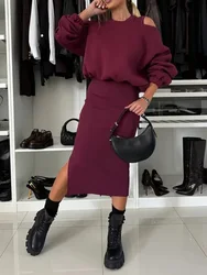 Autumn Winter Pullover Top Maxi Dress Matching Sets, Women Casual Solid Patchwork Outfit, 2024 Long Sleve Fashion Ladies Suits