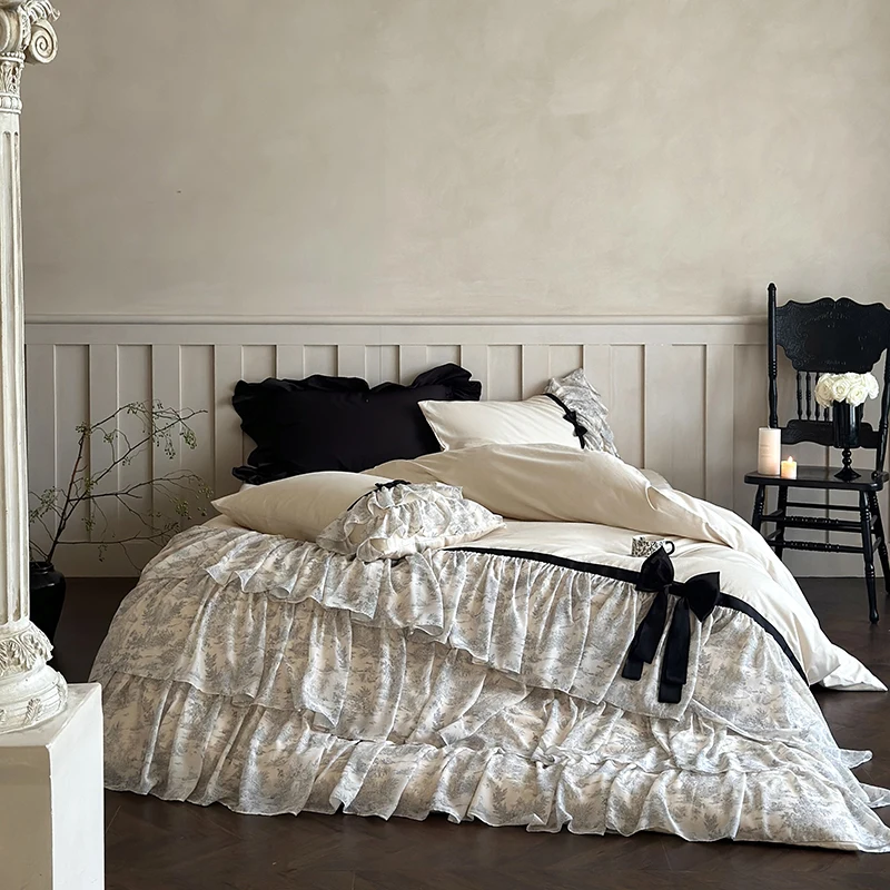 French Style Three-layer Lace Ruffles Bow Princess Bedding Set Egyptian Cotton Duvet Cover Set Bedskirt Bedspread Pillowcases