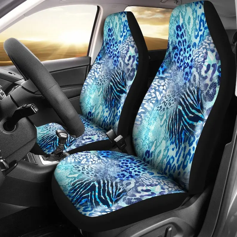 Blue Leopard Cheetah Tiger Animal Print Car Seat Covers Pair, 2 Front Seat Covers, Car Seat Protector, Car Accessories