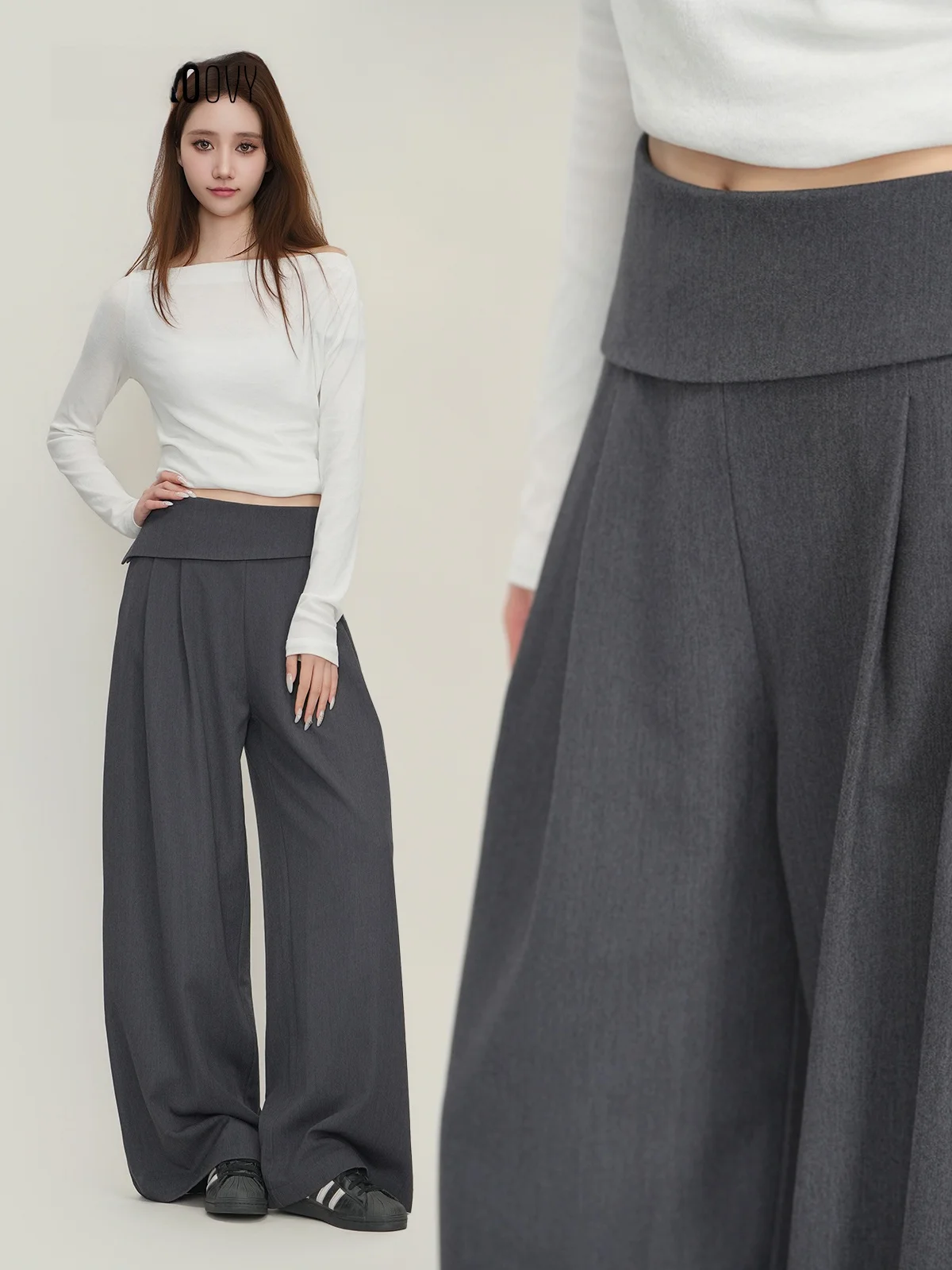 

Серые широкие брюки-костюмные для женщин, с высокой талией, повседневные, прямого кроя, премиум-класса, для офиса, из смесового полиэстера