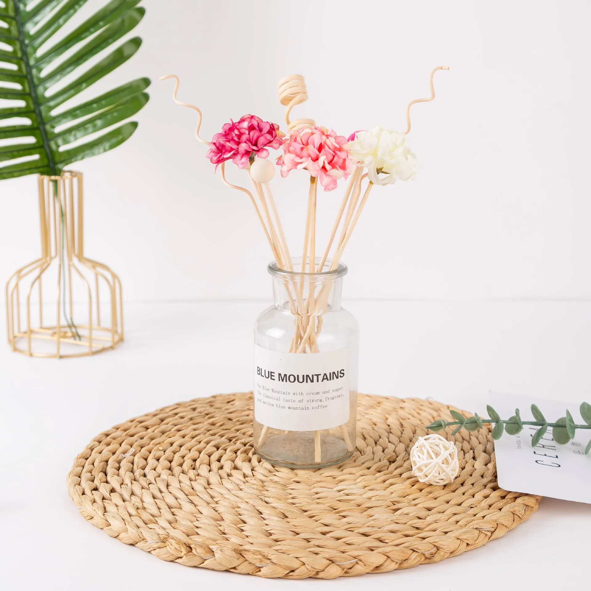 10PCS Pink Hydrangea Flower Rattan Sticks Fireless Fragrances Reed Diffuser Stick DIY Ornaments Home Decor