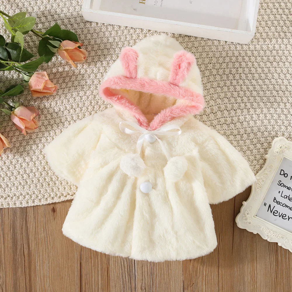 New Winter Girls\' Coat Furry Top Shawl Hairball Bow Solid Color Hooded Bear Ears Winter Girls Sweet Warm Fleece Coat