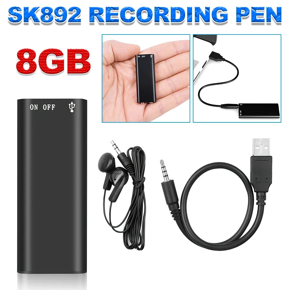 Mini 8GB Voice Recorder Digital Audio Mini Dictaphone Record MP3 Player USB Pen Voice Activated Recording WAV with Earphones