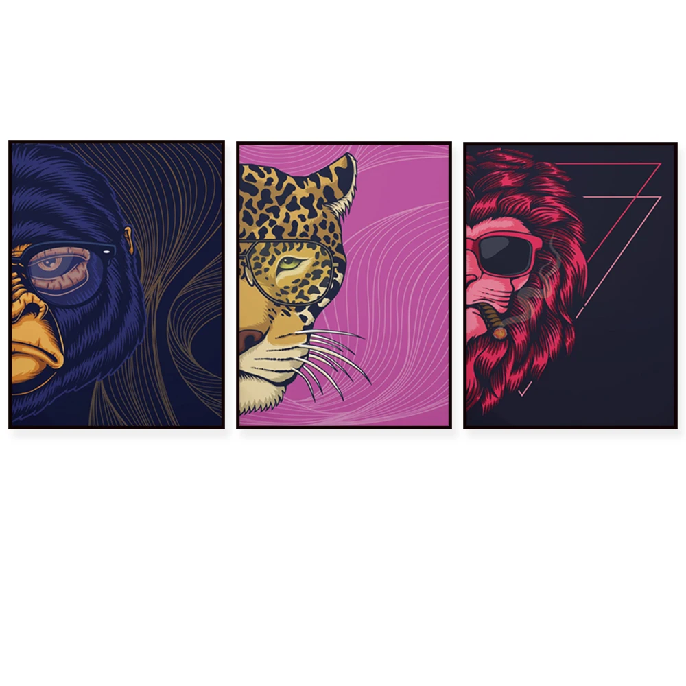 Gradient cheetah, lion head, roaring tiger head terracotta prints, gorilla half face full face hipster aesthetic art retro poste