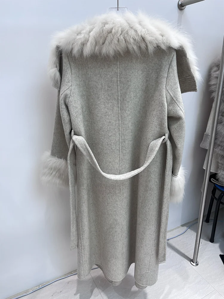 2025 New Women Winter Jacket Natural Fox Fur Collar Long Wool Woolen Coat Ladies Outerwear Streetwear