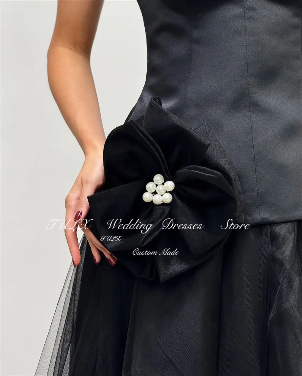 TULX élégant noir 3D dentelle robe de soirée sans bretelles Satin robe de soirée une ligne longue Tulle formelle Occasion robe personnalisée 2026