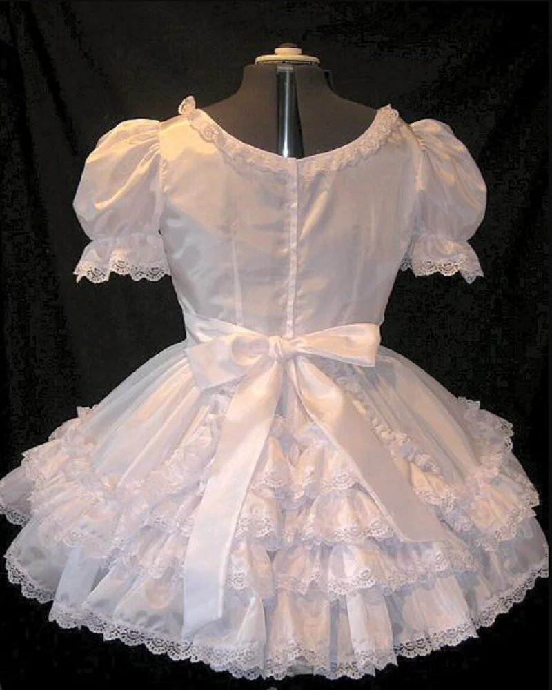 Lockable Maid Sissy Dress White Satin Square Low Neck Lace Tight Waist Puff Skirt Customized