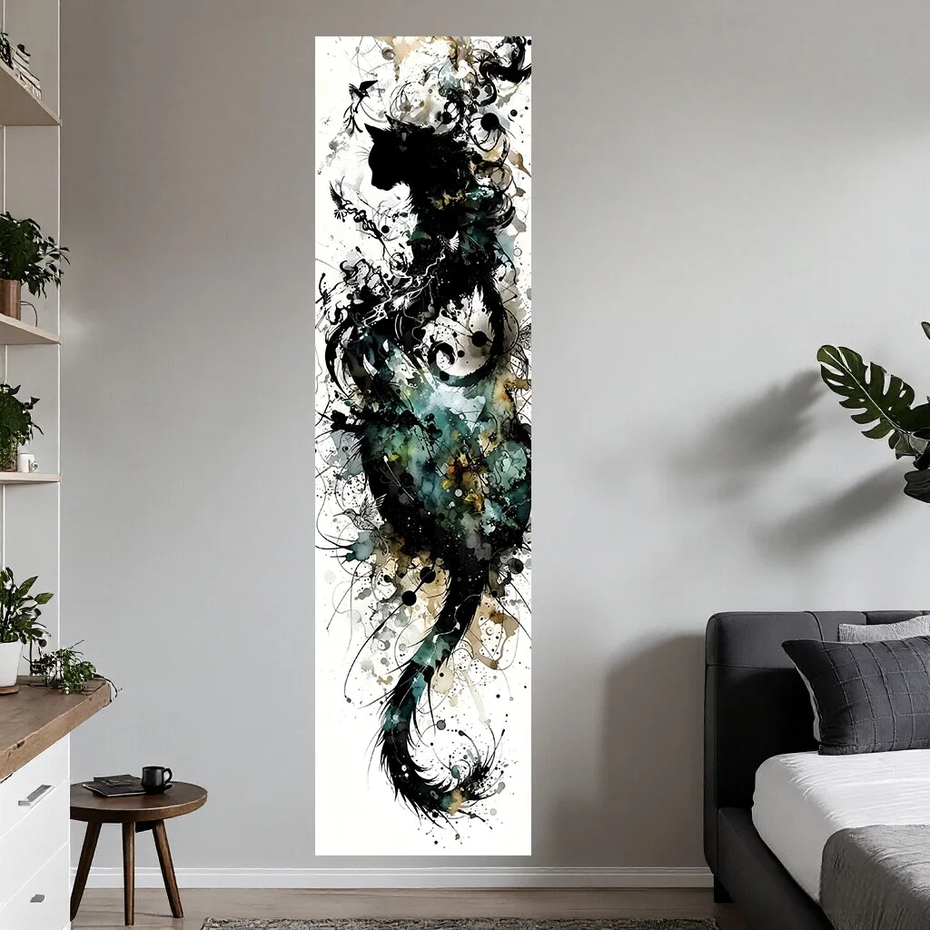 Ink Wash Black Cat Silhouette Tapestry Abstract Watercolor Bird Splash Art Wall Hanging Boho Aesthetic Dorm Bedroom Living Room