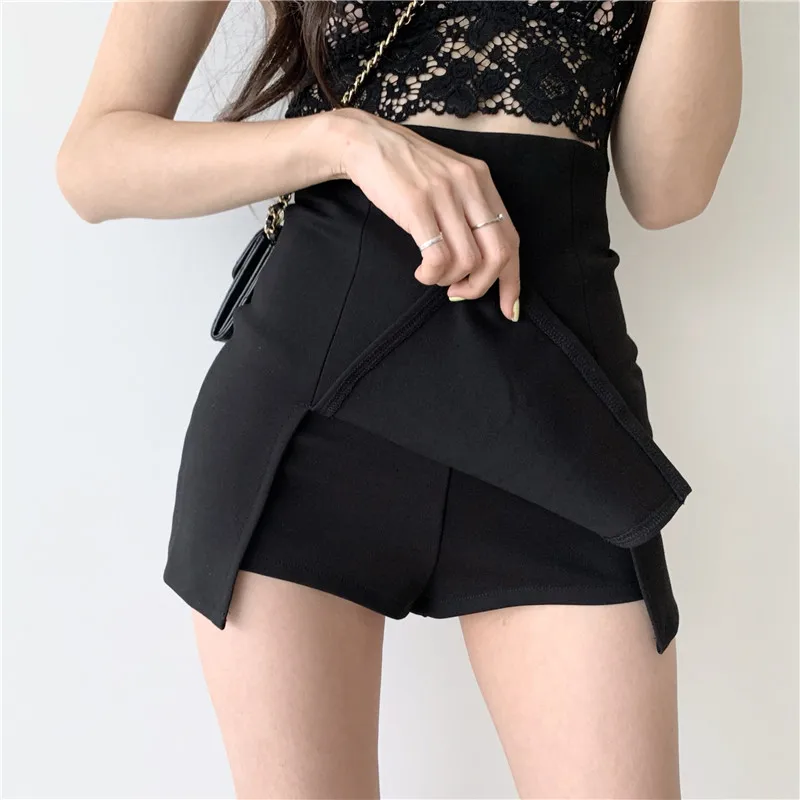 Jupe courte fendue sexy pour femmes, tenue de bureau, imbibée, mini pantalon trapèze noir, taille haute, jambes larges, nouvelle collection été