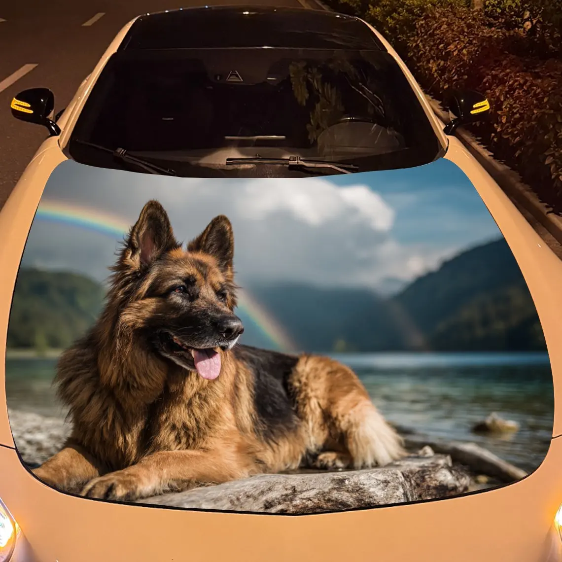 ملصقات سيارة راعي ألماني واقعي يسكع بحيرة مع ملصق غطاء محرك السيارة بخلفية قوس قزح وجبال، مقاوم للماء