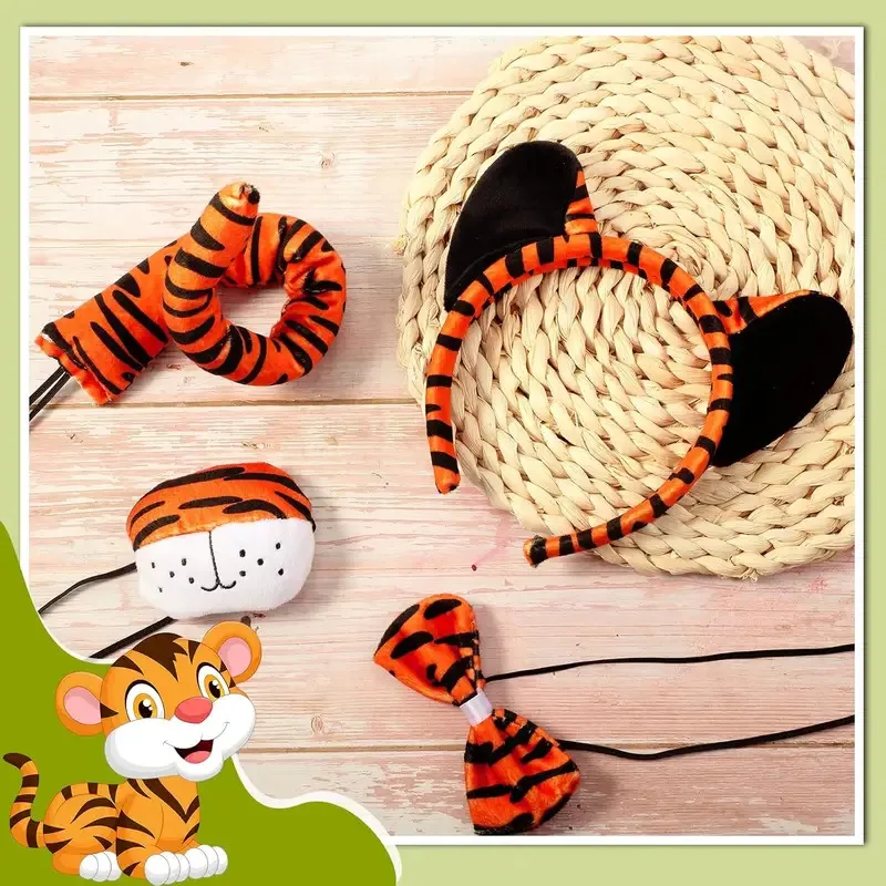 

asdh8@4Pcs Carnival Kids Tiger Costume Kits Ear Headband Tail Nose Bow Tie Animal Tiger Fancy Costume for Halloween Cosplay Part