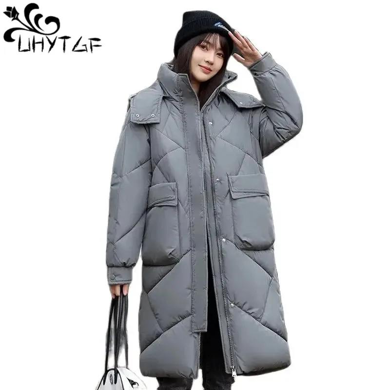 

Women Down Cotton Coat Big Pocket Hooded Jacket Casual Medium Long Parkas Coat Autumn Winter Rhombic lattice Loose Overcoat 2341