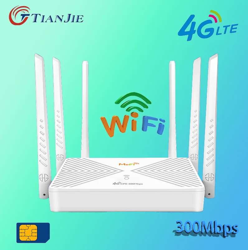 TIANJIE 300Mbps 4G Wifi router SIM card wireless modem LTE Wi-Fi bridge 5dBi 6 external antenna network WAN/LAN router.