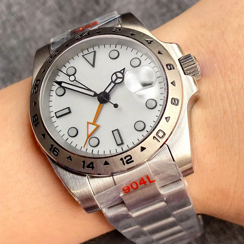 Imagem -05 - Relógio Automático Gmt em Masculino Mão Laranja Moldura de Aço 24 Horas Pulseira 904l Branco Mestre Aço Inoxidável