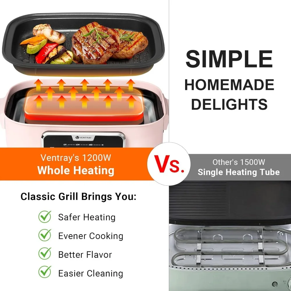 Panggangan listrik, 120V,1200W, dengan 5 piring antilengket yang dapat dilepas, tutup untuk memanggang, HotPot, makanan penutup, tumis, Set pemanggang dalam ruangan BBQ