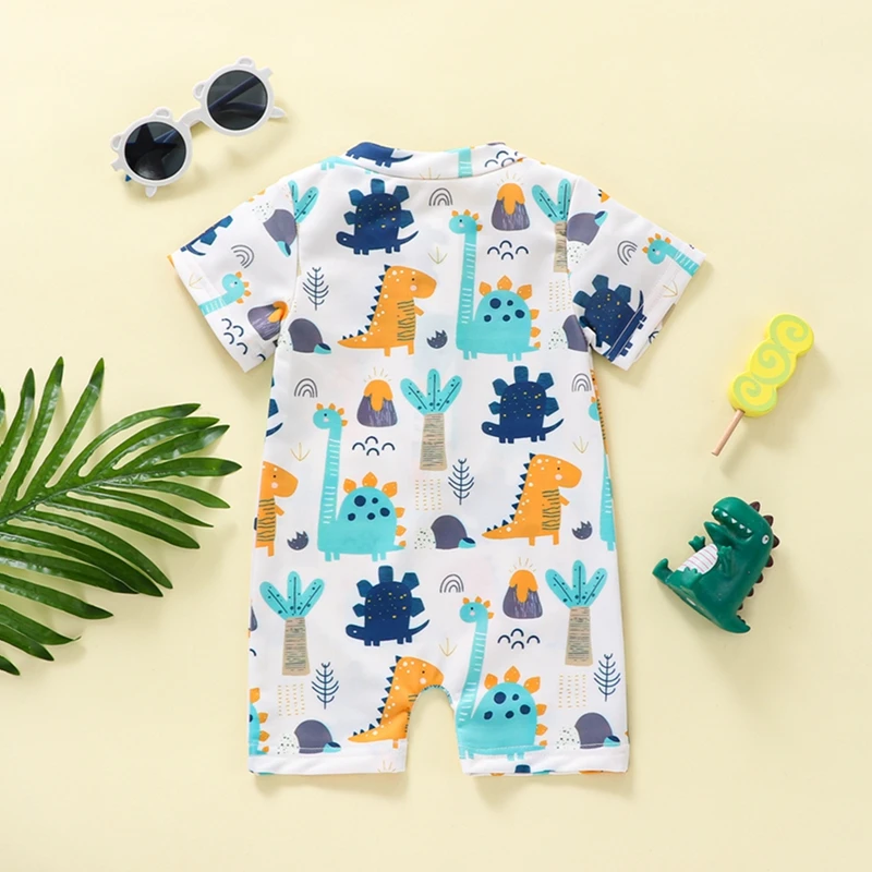 Tregren 0-4Years Kids Boys Summer Swimsuit Cartoon Dinosaur Printed Short Sleeve Zipper Swimwear Jumpsuit Beach Bathing Suits