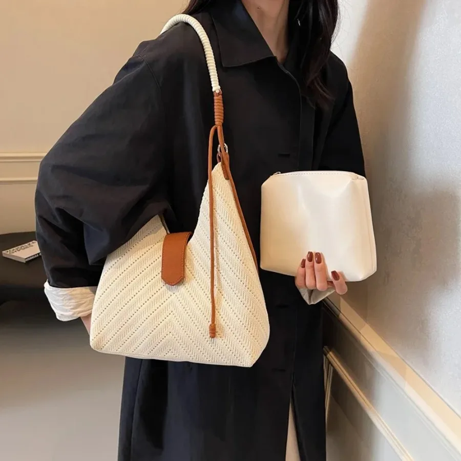 

Новая вязаная сумка подмышки большой вместимости, повседневная модная сумка на одно плечо, красивая и щедрая простая портативная сумка-ведро для поездок на работу