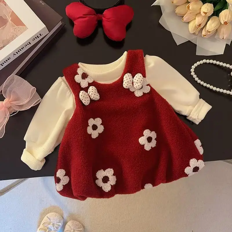 

Girls' Fleece-Lined Dress Floral 2026 Set Autumn Winter New Children's Princess Two-Piece Vest
