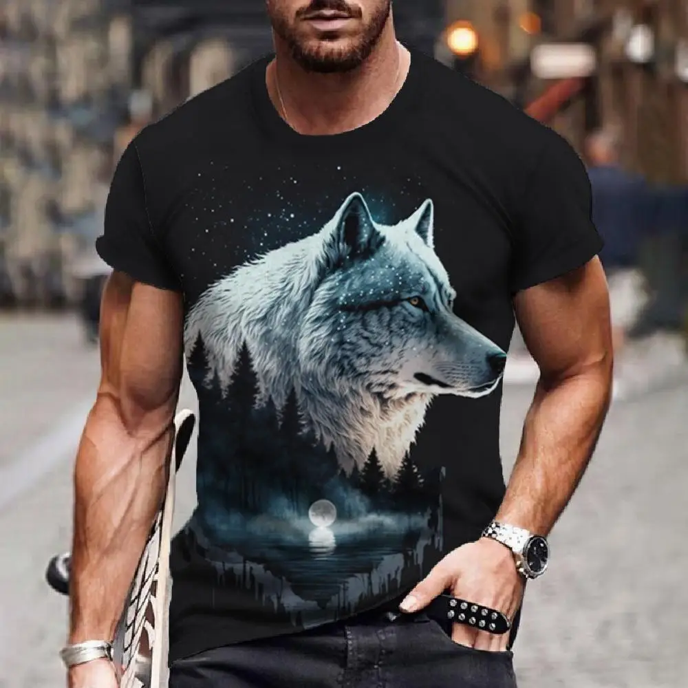 Camiseta de lobo de manga curta masculina, top 3D com estampa animal, camiseta casual de rua, roupas vintage, 2022