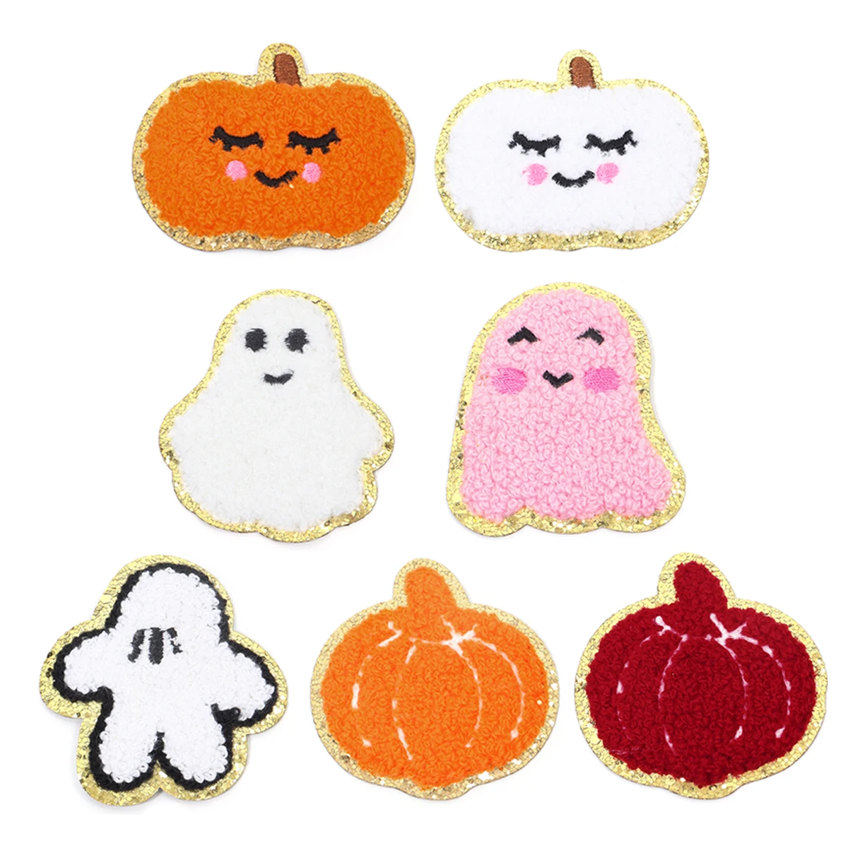 4 Stks/partij Halloween Pompoen Geest Ijzer Op Chenille Patches Glitter Rand Applique Voor T-Shirt Jeans Hoed Diy Handwerk Sticker