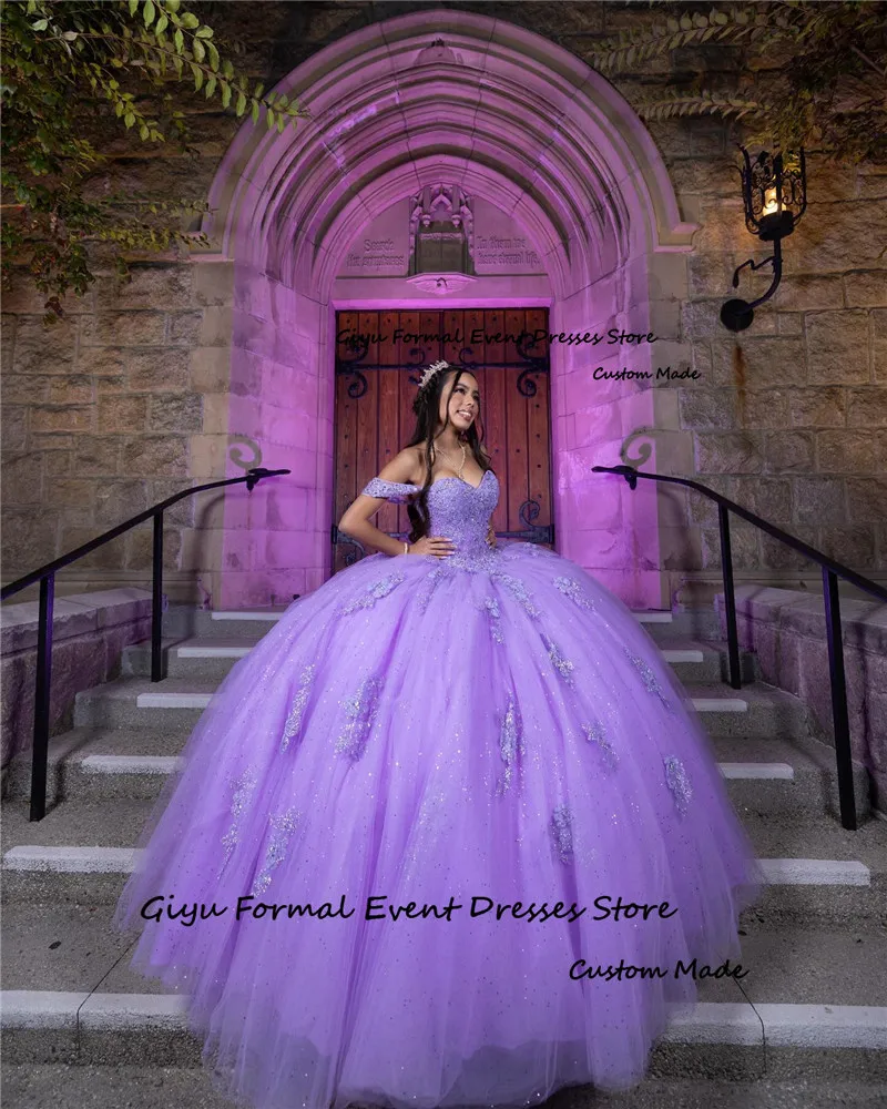 Giyu Sparkly Glitter Purple Tulle vestidos de 15 quinceañera 2024 robes de soirée Shiny Lace Applique Tulle vestidos de festa