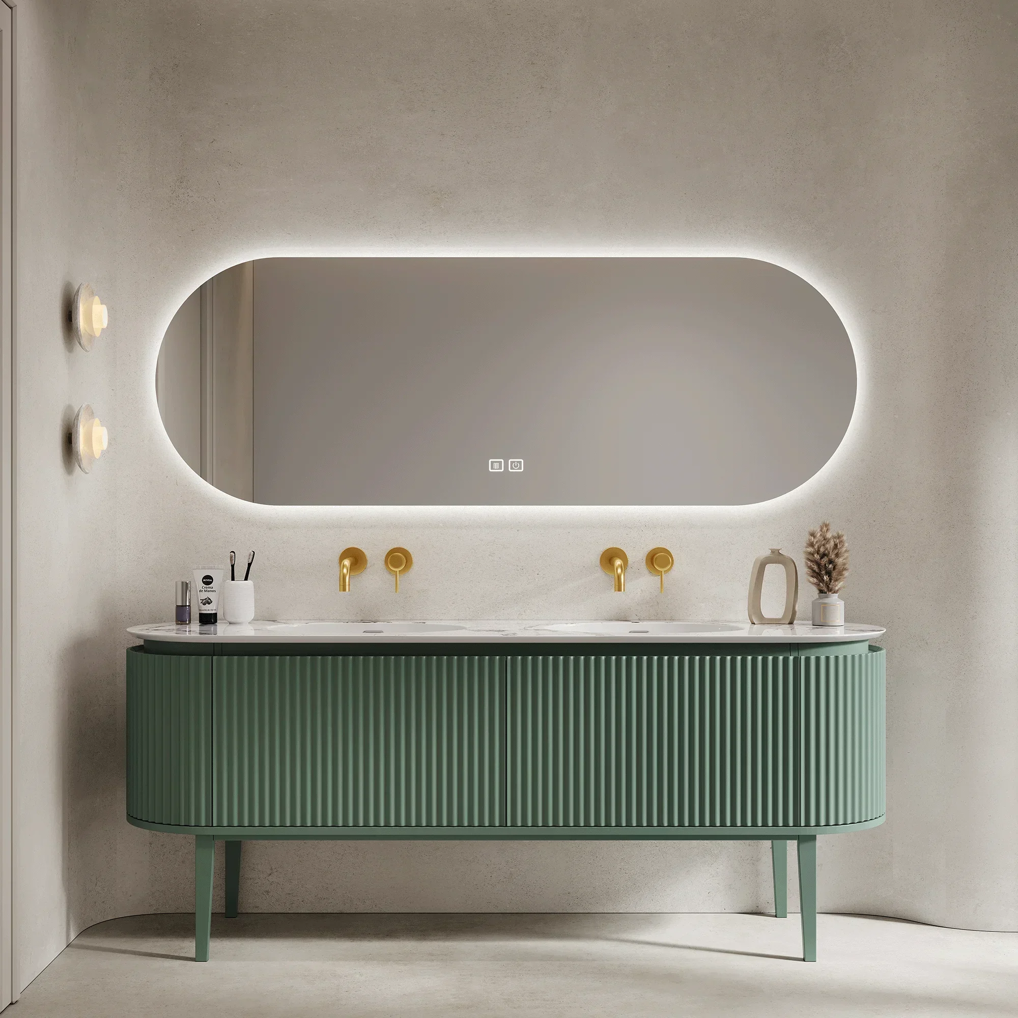 

Dark Green Oval Curved Floor Ceiling Bathroom Cabinet Villa High End Washbasin Italian Minimalist Double Basin Sinks