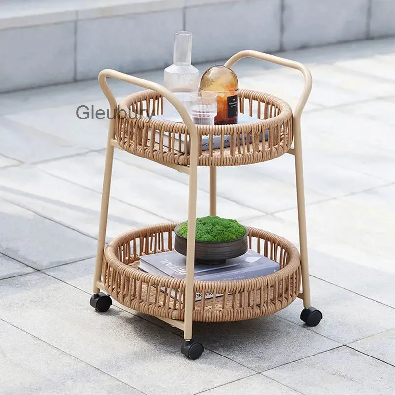 Style Bohemian Double-Layer Rattan Storage Trolley with Wheels, Multifunctional Hand-Pushed Serving Cart for Living Room