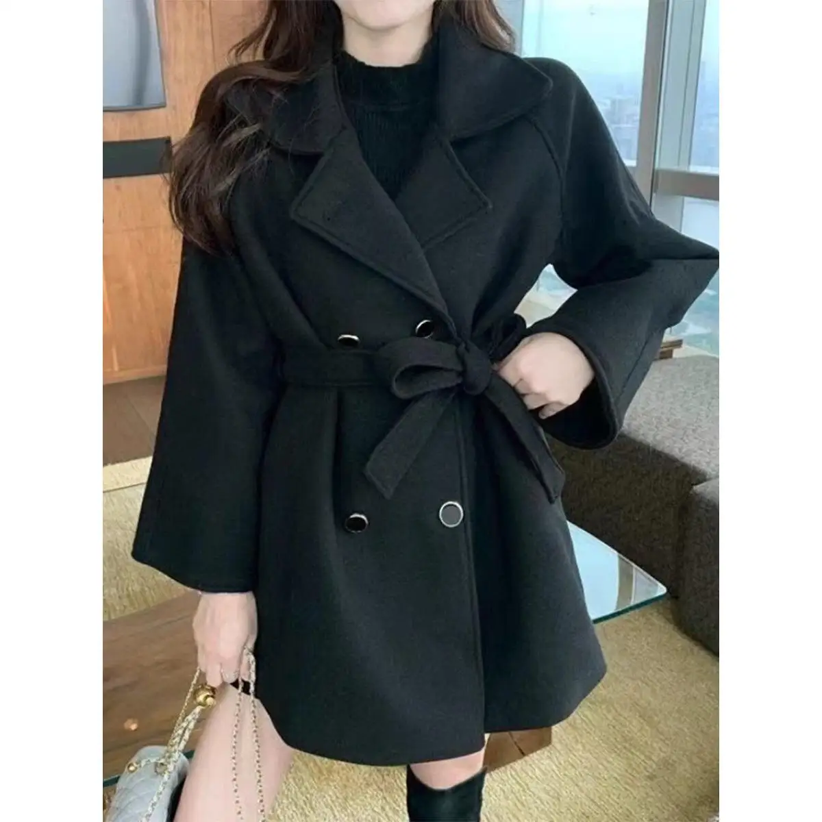 Elegant Black Woolen Coat Women's Thickened Waist-Cinching Autumn Winter New Style Korean Version Long Sleeve Double Breasted