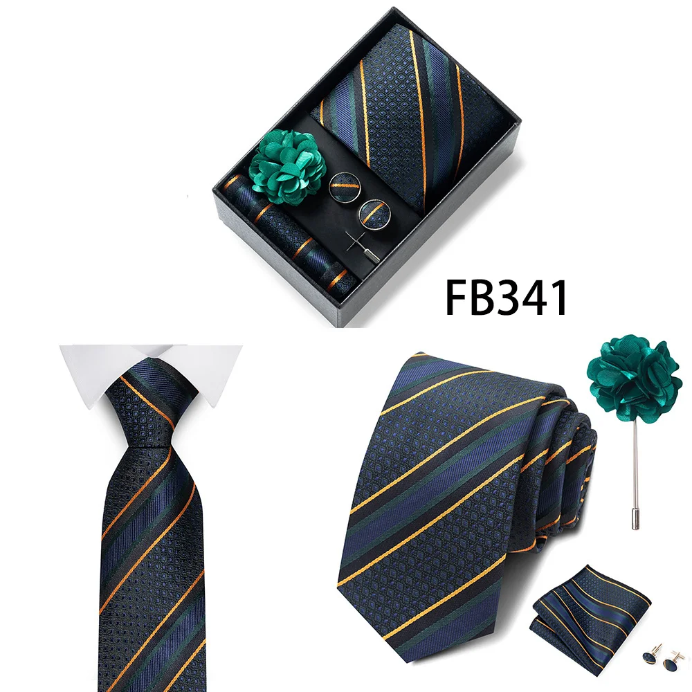 Neues Marken-Mode-Set: 8 cm Krawatte, Einstecktuch, Manschettenknöpfe und Brosche für Herren, Rot-Grau, Hochzeit, Geschenkbox, Passend für Partys – Detail 4