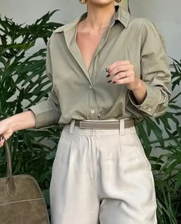 

2026 Spring/summer Women's Casual Vacation Travel Collar Long Sleeved Solid Color Top