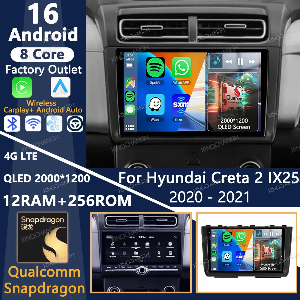 Android 16 Car Radio For Hyundai Creta 2 IX25 2020 - 2021 Multimedia Stereo Video Player 4G WIFI QLED Carplay Auto Head Unit BT