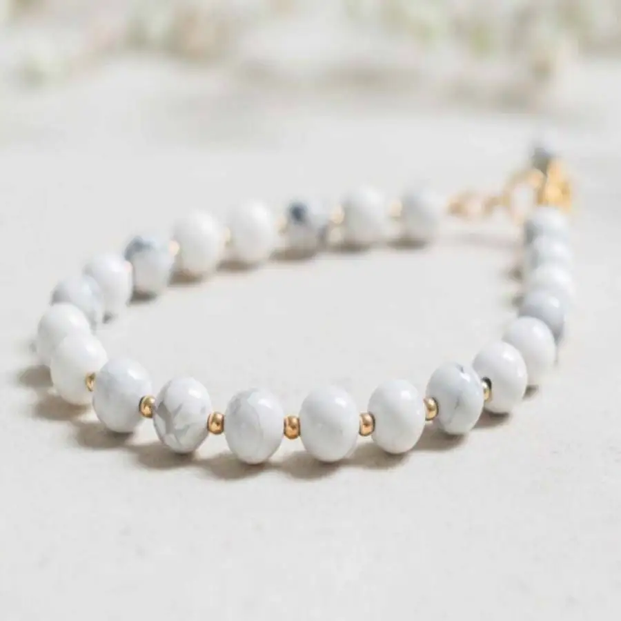 

Natural White Howlite Beaded Bracelet with Gold Spacers & Gold Clasp Calming Healing Crystal Jewelry for Men Women