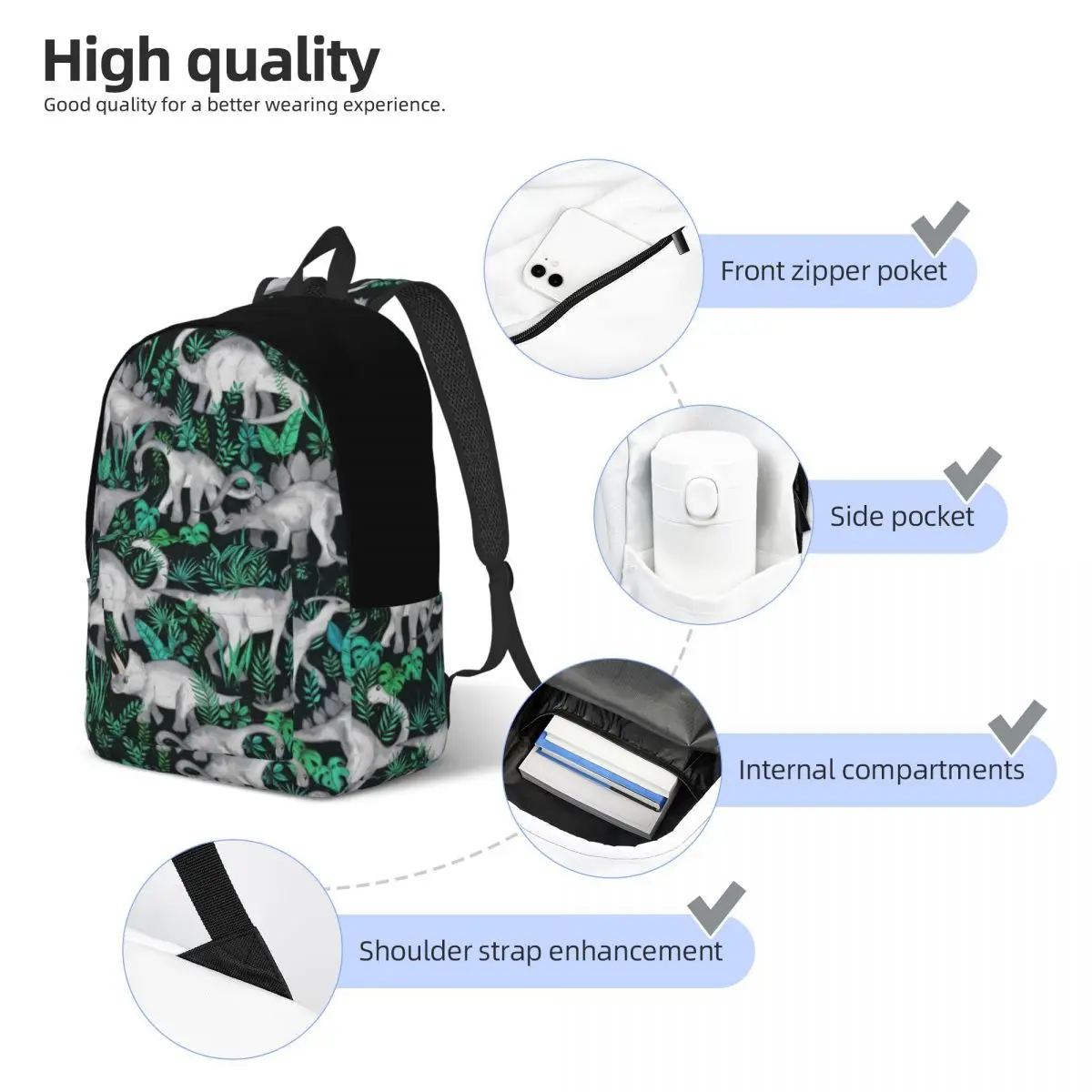 Mochila Dinosaur Jungle para homens e mulheres, Mochila para estudante do ensino fundamental médio, Mochila tropical, Outdoor