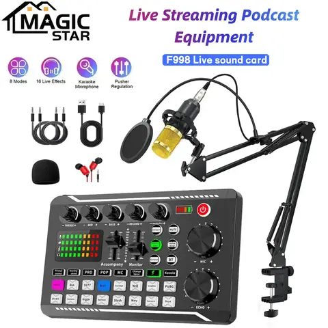 라이브 팟캐스트 장비 세트, BM800 스튜디오 마이크 포함, 오디오 믹서는 PC, 라이브 방송용 다양한 사운드 효과를 지원합니다.