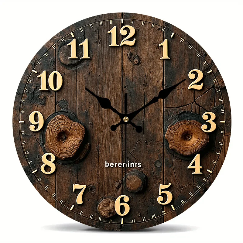 2D Flat. 1pc. Vintage Wooden Stump Themed Style Wall Clock - Silent Decorative Timepiece, Creative Wall Clock, Suitable for Bedroom, Living Room, Office Decor, 20.32/25.4/30.48/35.56 cm (AA Battery Not Included)