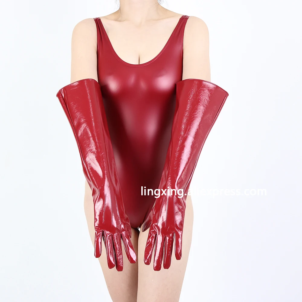 Długie Rękawiczki Unisex Burgundowe Czerwone Sztuczna Skóra 38cm Szeroki Balon Bufiaste Rękawy L Luźne Mankiety Puszyste Puffy Arm Woman Estetyczne